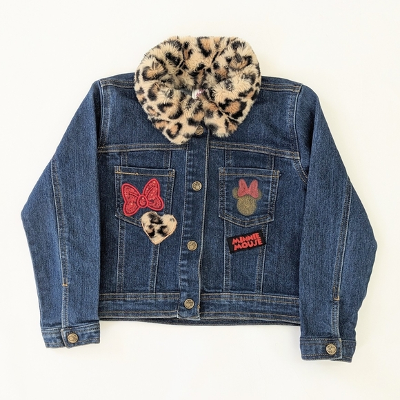 Disney Junior Girls Denim Jacket with Leopard Print Collar - Picture 1 of 11
